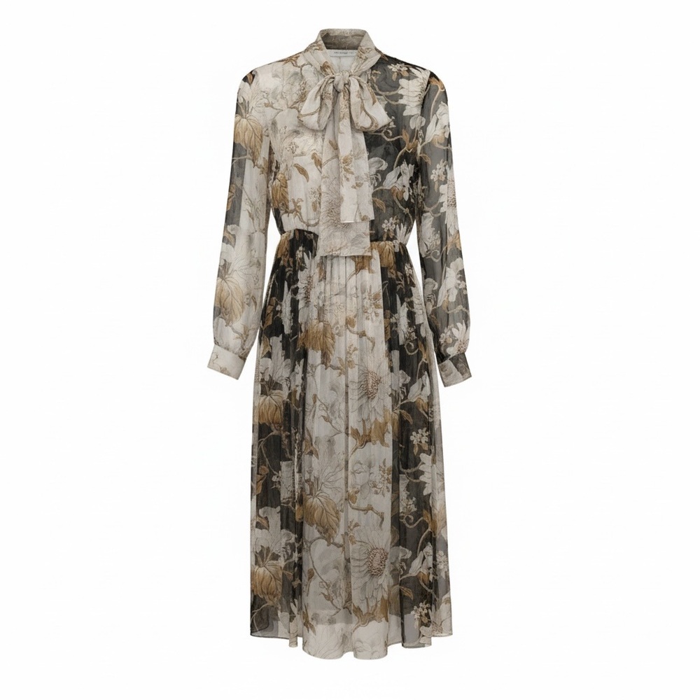 Oscar de la Renta Black Cream Midi Dress Silk Floral Tie Neck 6 Formal Wedding - Picture 3 of 15